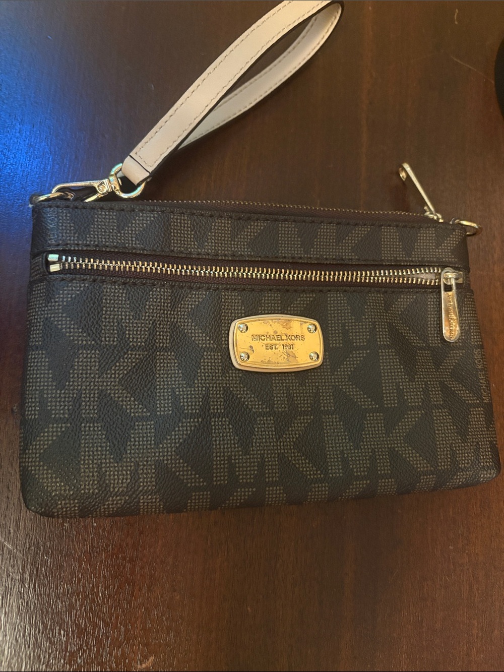 MICHAEL Michael Kors Brown and Tan MK Jet Set Logo Wristlet